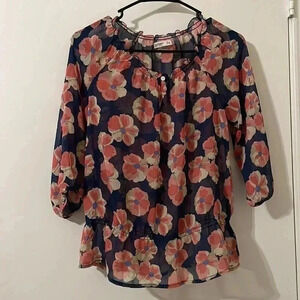 Old Navy Blue And Orange Floral Blouse Women Small